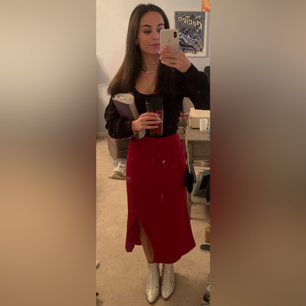 All Time Favorite Wine Red Satin Faux Wrap Midi Skirt Lulus